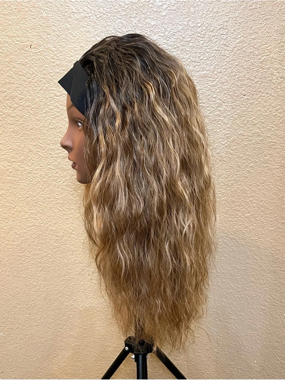 NEW 18–20” Caramel Brown Wavy Headband Wig Dark Root Synthetic Hair